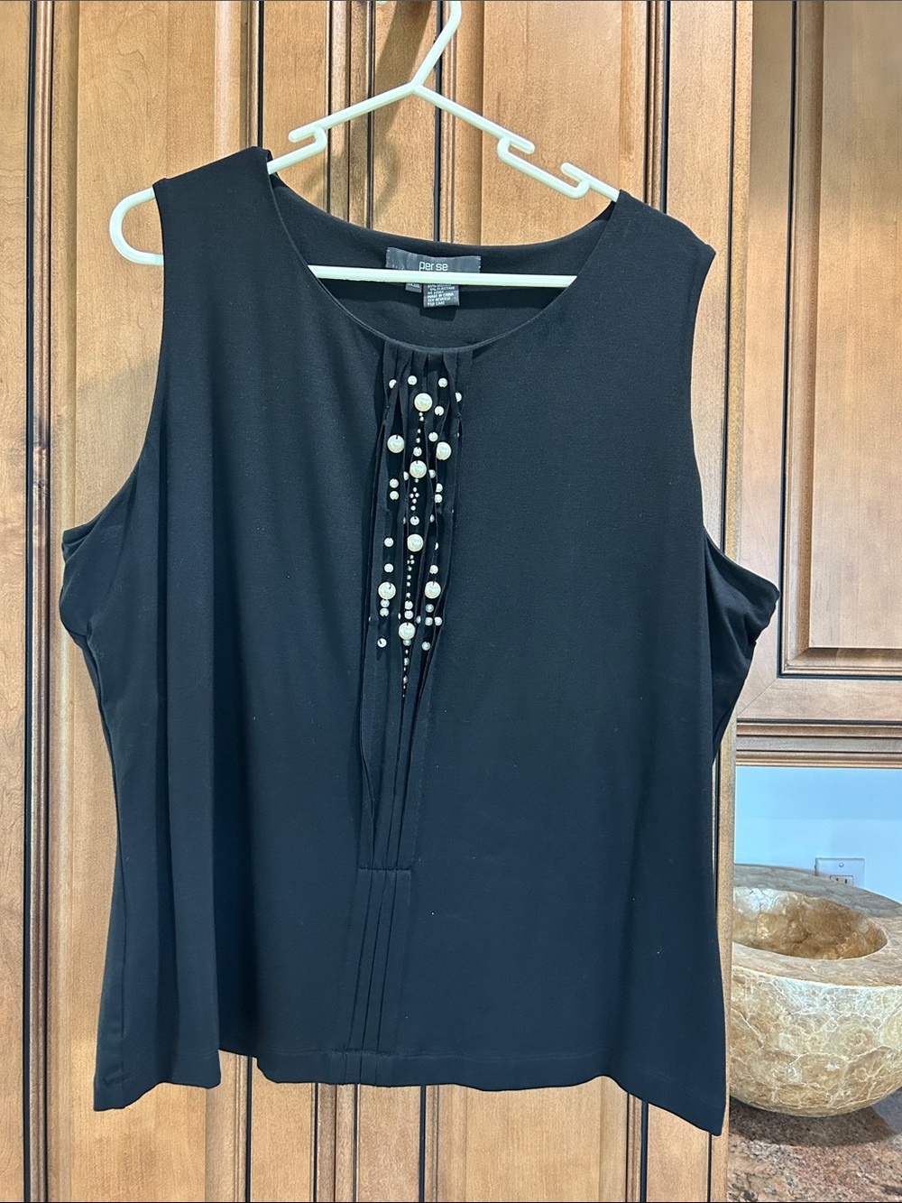 Per Se Black Sleeveless Beaded Pleat-Front Tank with pearl details